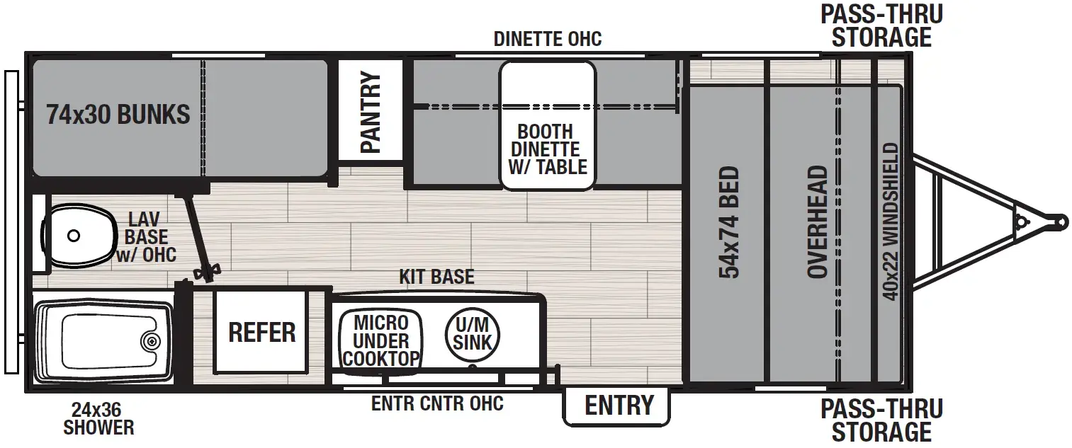 The 17BHB has zero slideouts and one entry. Exterior features front pass through storage. Interior layout front to back: side-facing bed with overhead cabinet and windshield; off-door side booth dinette with table, overhead cabinet, and pantry; door side entry, kitchen counter with sink and cooktop, microwave, overhead cabinet entertainment center, and refrigerator; rear off-door side bunks; rear door side room with toilet, shower and overhead cabinet.